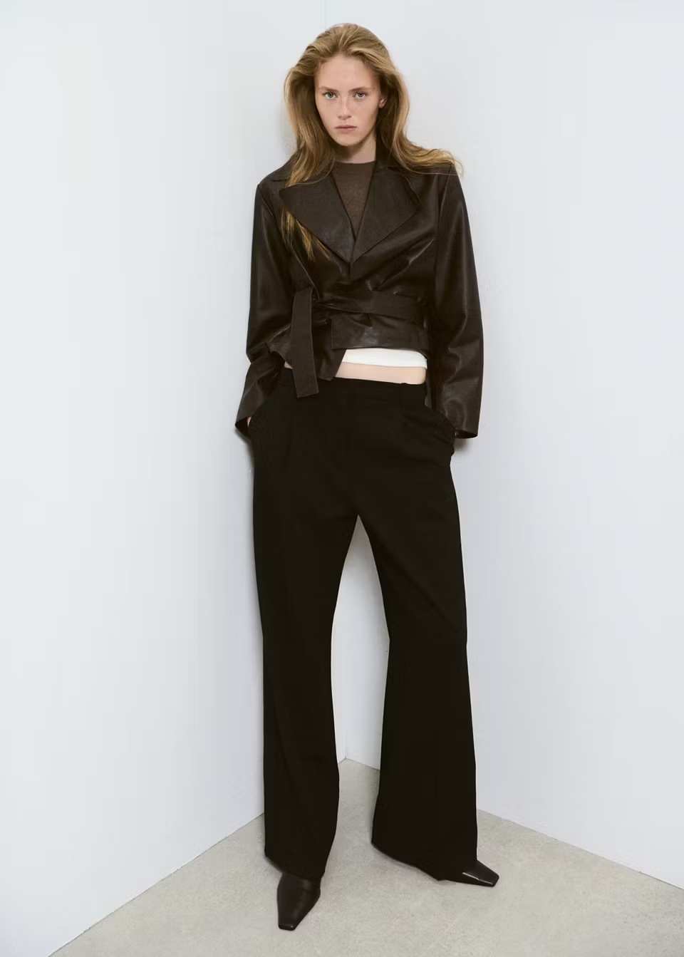 Mango, Crop Leather Trench Coat With Belt