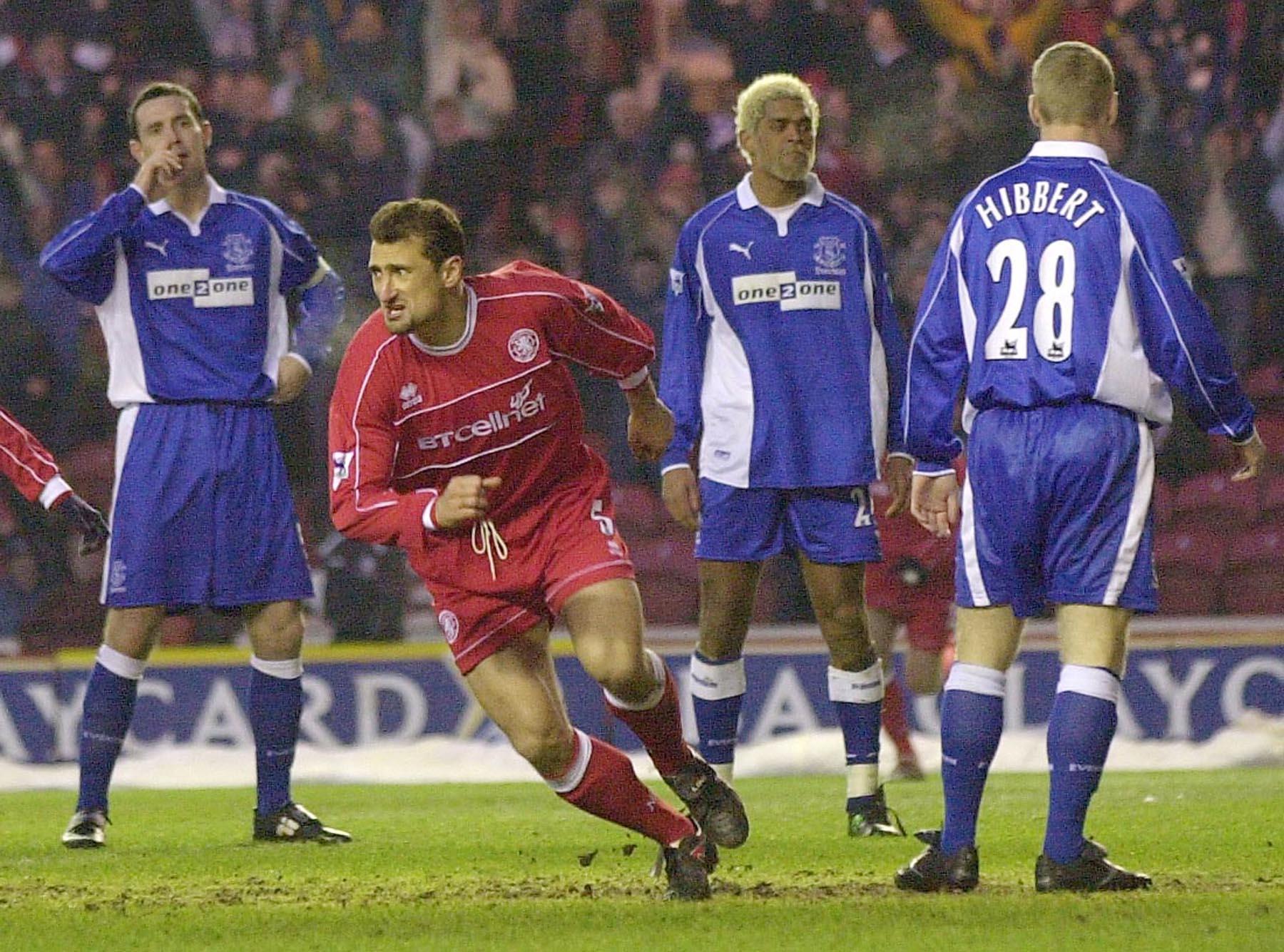 Gianluca Festa celebrates after scoring for Middlesbrough against Everton, January 2002