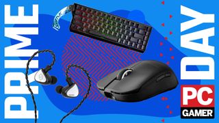 A Linsoul Tripowin x 0DiBi Vivaci IEM, GK GAMAKAY x NaughShark NS68 keyboard, and Mchose gaming mouse on a custom PC Gamer Prime Day background.