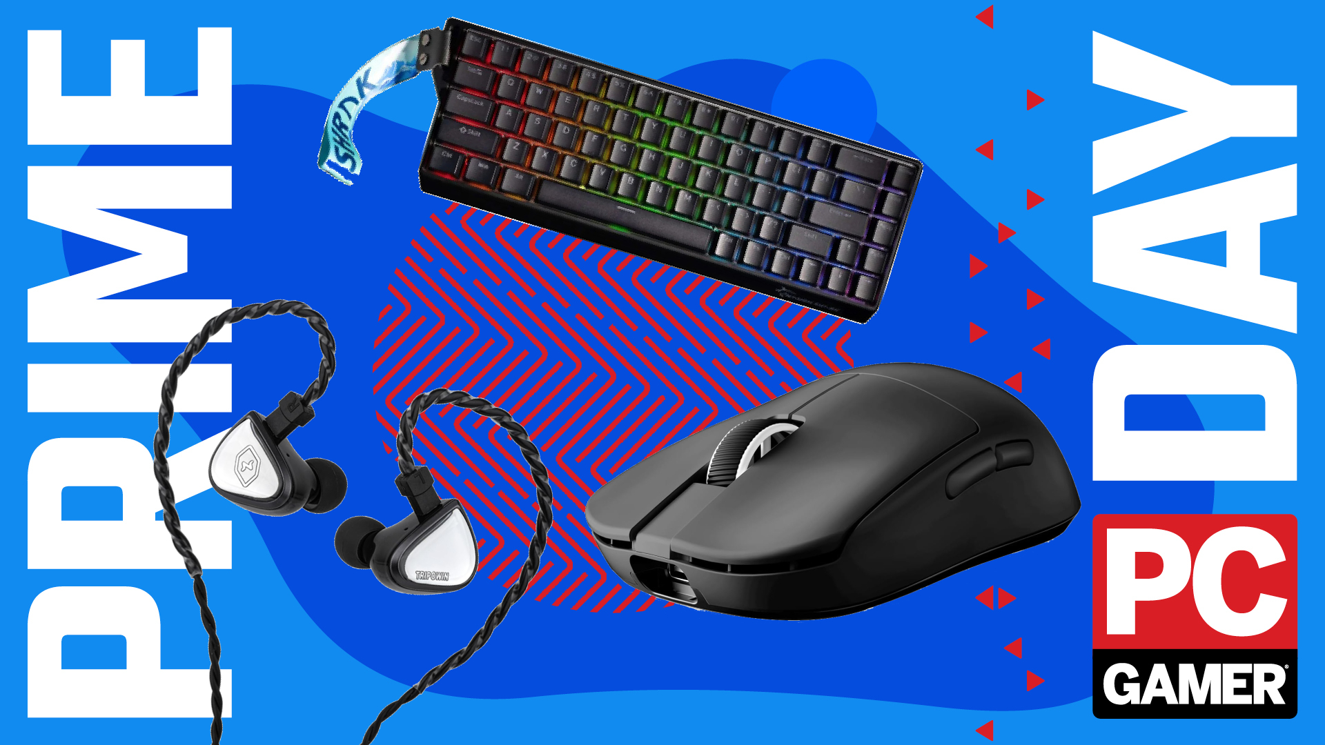 A Linsoul Tripowin x 0DiBi Vivaci IEM, GK GAMAKAY x NaughShark NS68 keyboard, and Mchose gaming mouse on a custom PC Gamer Prime Day background.