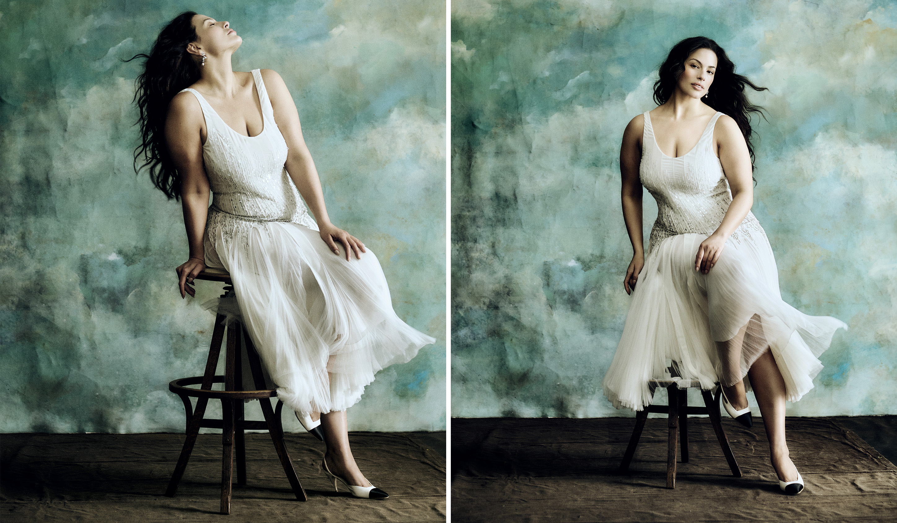 Ashley Graham in a split image wearing a white gown sitting on a stool posing