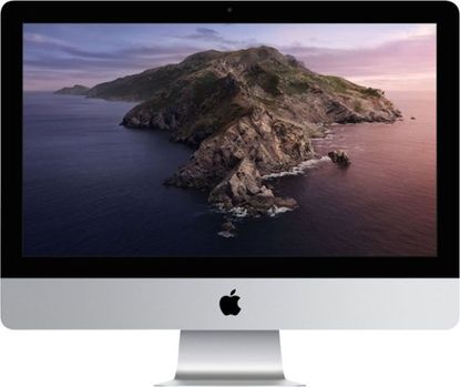 A front-on image of an iMac with an island as the background image