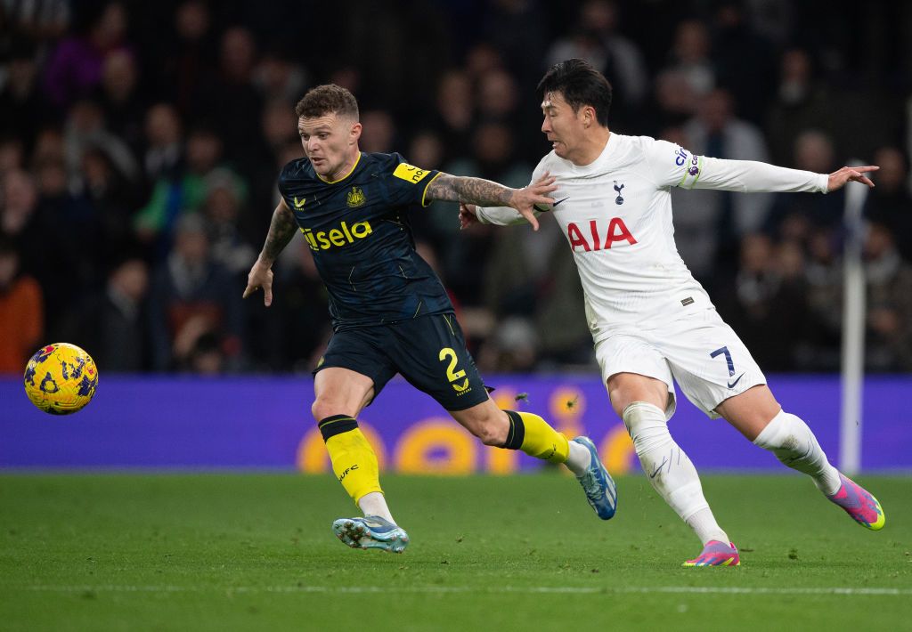 Kieran Trippier of Newcastle United (left) and Heung-Min Son of Tottenham Hotspur during the Premier League match between Tottenham Hotspur and Newcastle United at Tottenham Hotspur Stadium on December 10, 2023 in London, England. (Photo by Visionhaus/Getty Images)