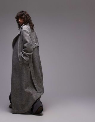 Topshop Longline Herringbone Oversized Coat in Gray