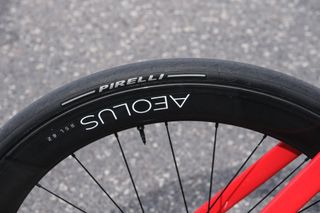 Close up of Tom Skujins Bontrager wheels and Pirelli tubeless tyres a