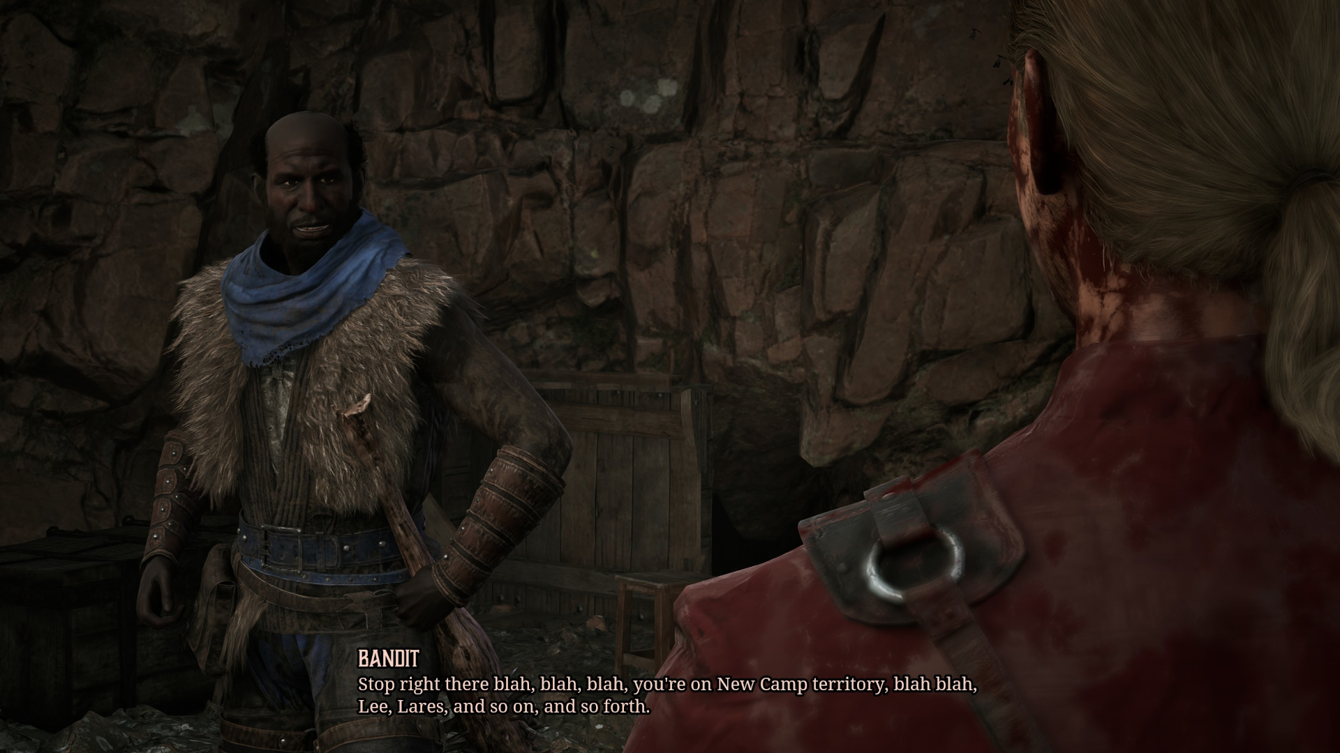 A Bandit informs the Hero they've entered New Camp territory in Gothic 1 Remake
