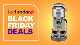 De'Longhi Dedica Duo coffee machine on orange background with text reading 'TechRadar Black Friday Deals'