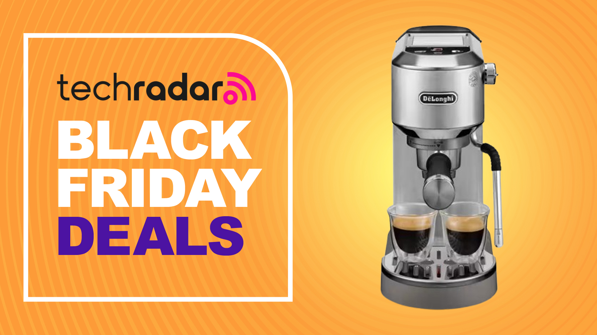 De&#039;Longhi Dedica Duo coffee machine on orange background with text reading &#039;TechRadar Black Friday Deals&#039;