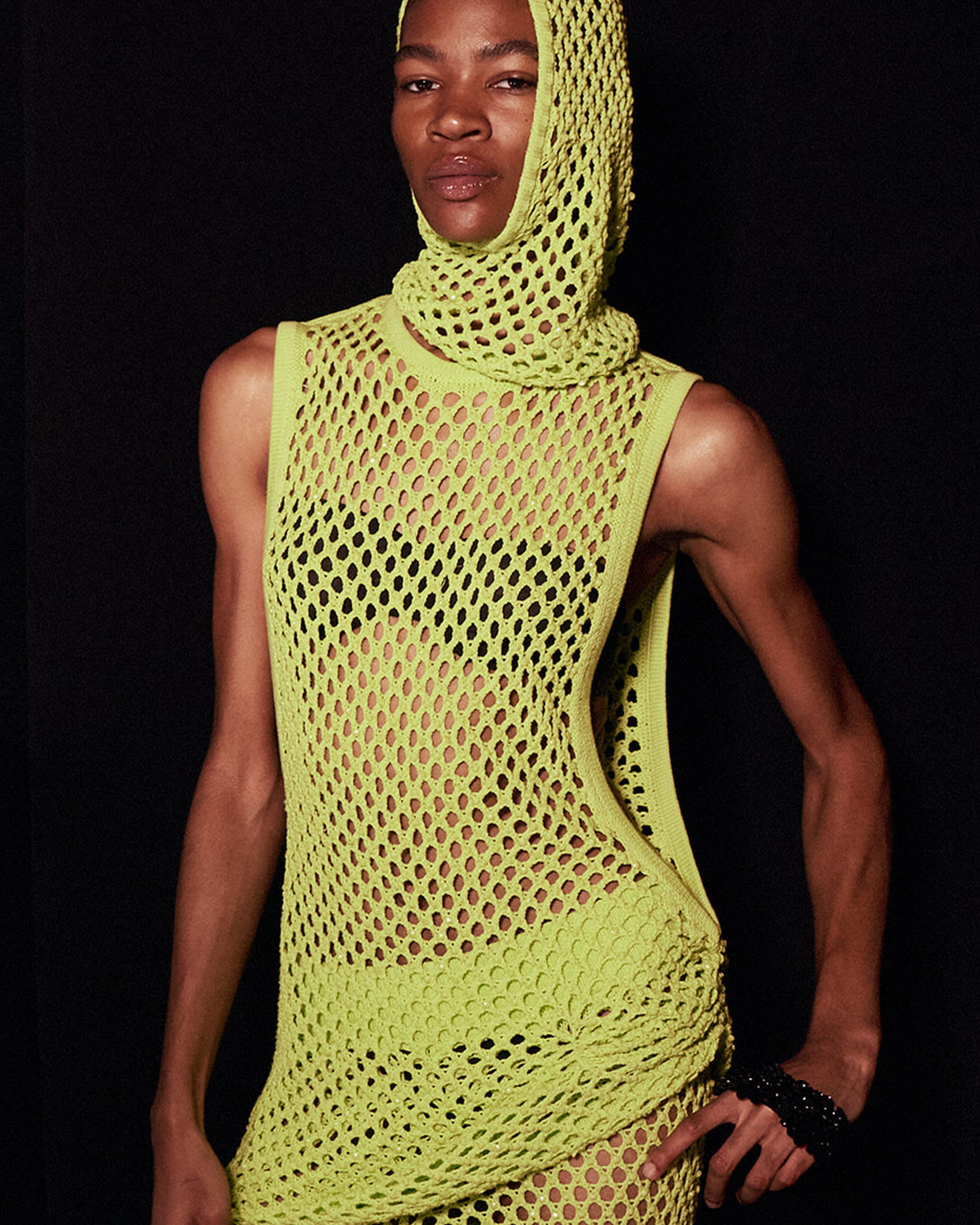 Diotima model wearing lime green mesh