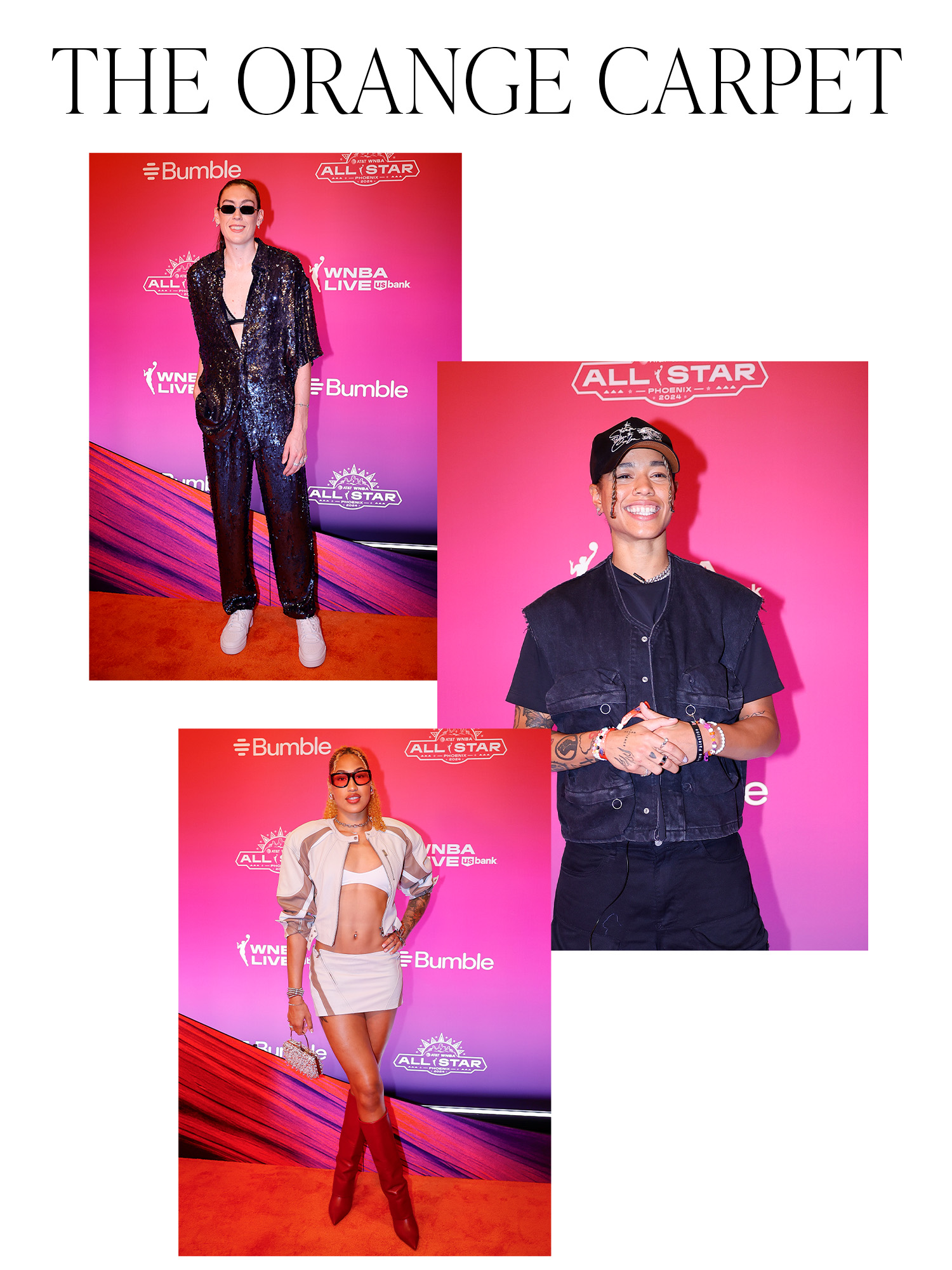 A collage that says "The Orange Carpet" on the top above photos from the 2025 WNBA All-Star orange carpet of Breanna Stewart, Natasha Cloud, and Shakira Austin.