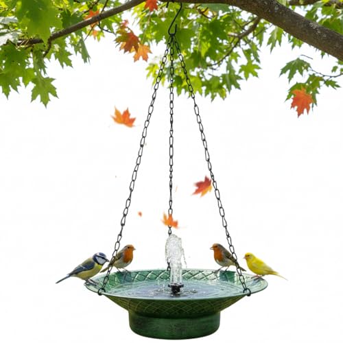 Aifeorzo Hanging Bird Bath With Solar Fountain, 12.6" Solar Powered Bird Bath, Metal Hummingbird Fountain Bird Bath for Garden, Patio, Lawn Decor, Green