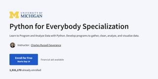 A screenshot of the Coursera website advertising the 'Python for Everybody Specialization' course