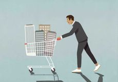 An illustration of a man pushing a shopping cart with office buildings inside.