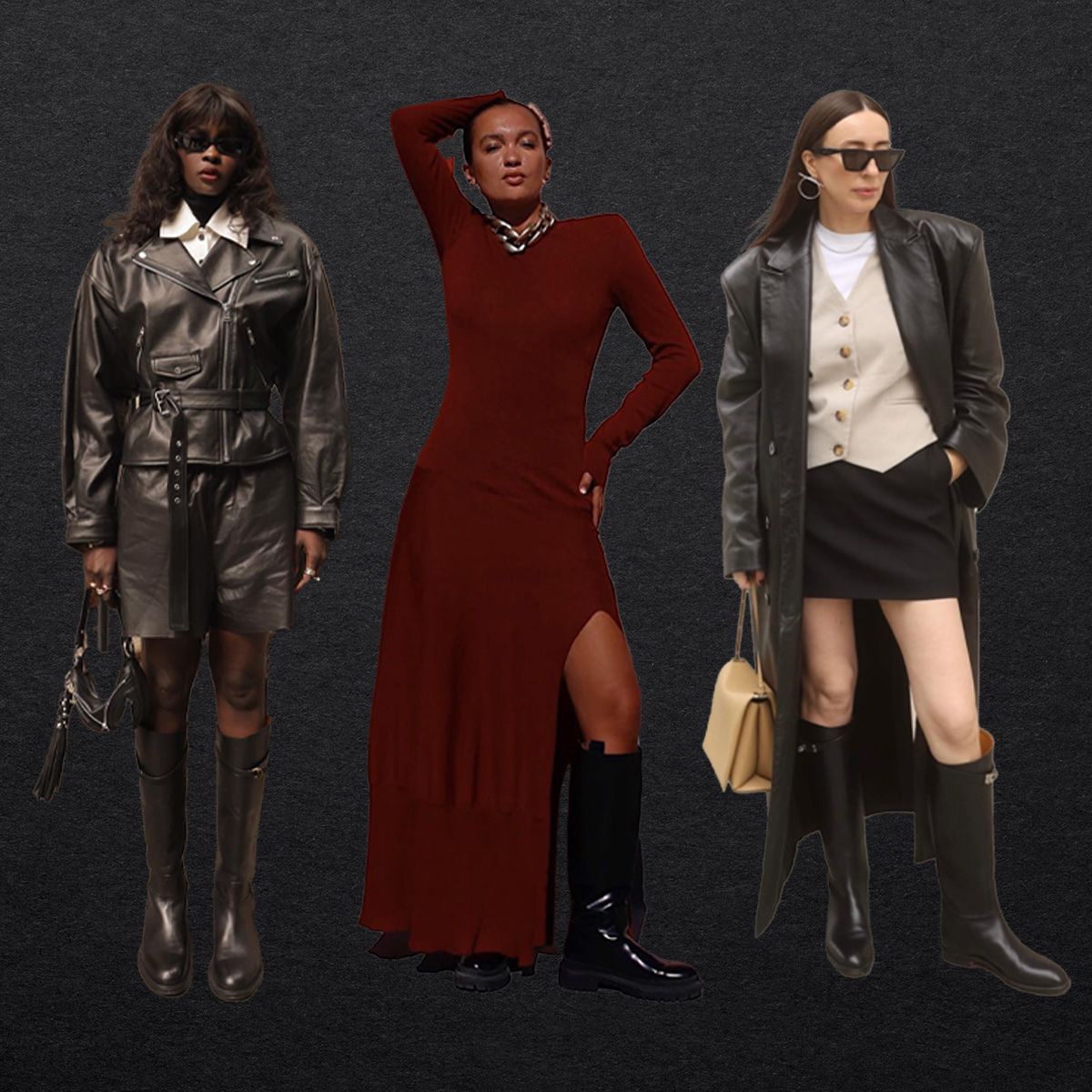 riding boot outfits shown in a collage of women wearing knee-high boots 