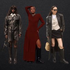 riding boot outfits shown in a collage of women wearing knee-high boots 