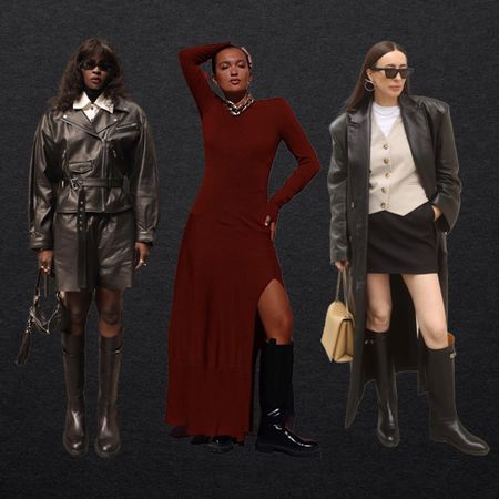 riding boot outfits shown in a collage of women wearing knee-high boots