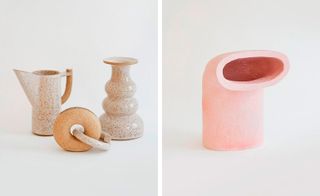 Left, ceramics by Object and Totem. Right, ’Untitled Pink Vessel’, by Maria Moyer.