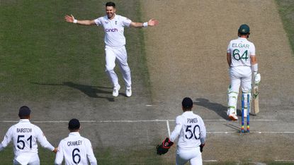 James Anderson of England celebrates bowling Dean Elgar of South Africa during day three of the LV= Insurance 2nd Test match between England and South Africa