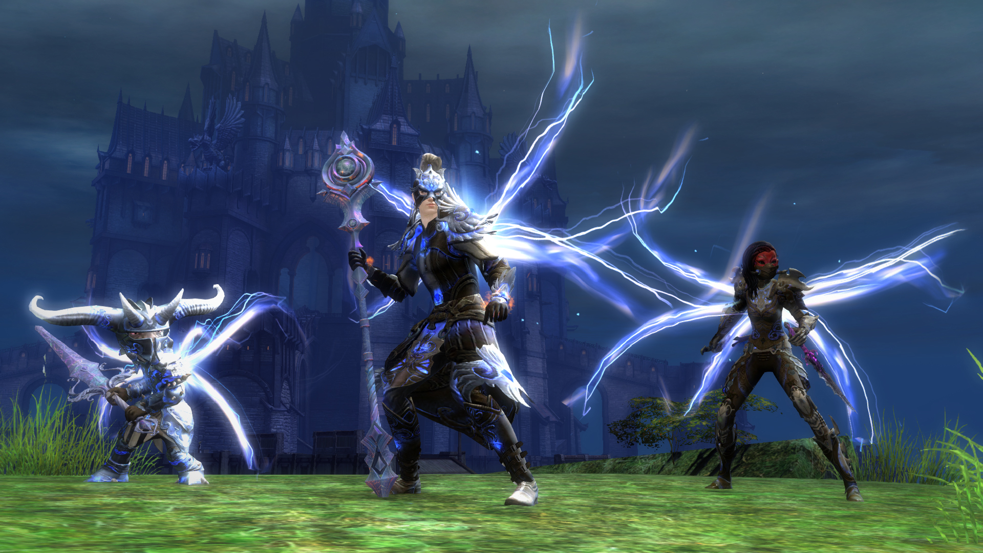 best MMO games: three Guild Wars 2 characters in front of a large castle