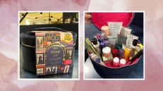 Collage of photos of the M&S Beauty Advent Calendar 2024, including the blue velvet beauty bag exterior and the contents inside, on a pink watercolour background