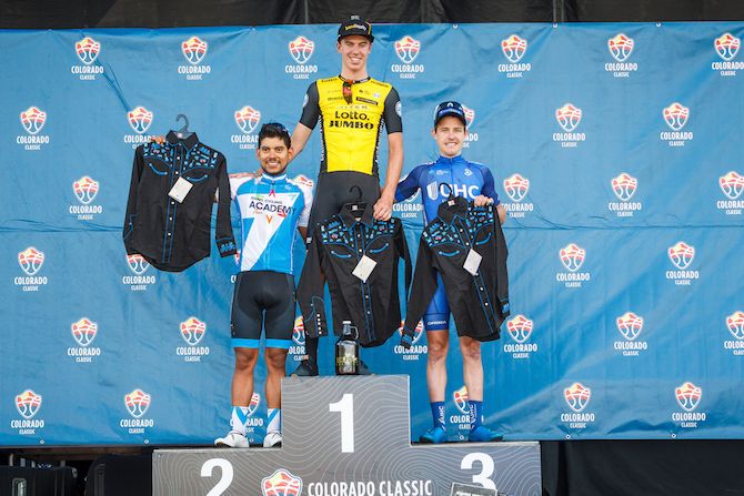 Stage 3's top three &ndash; winner Pascal Eenkhoorn (LottoNL-Jumbo), second-placed Edwin Avila (Israel Cycling Academy) and third placed Gavin Mannion (UnitedHealthcare) &ndash; on the podium at the 2018 Colorado Classic