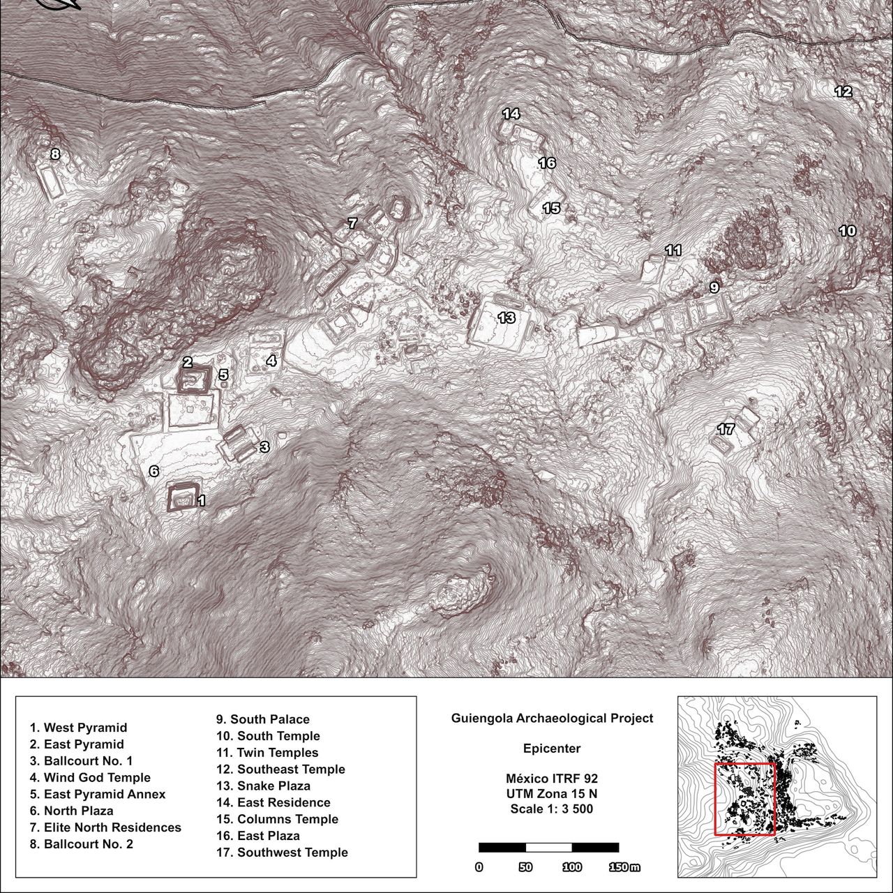 A lidar map showing the location of various archaeological sites