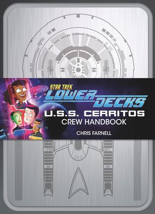a silver book cover with the profile of a spaceship