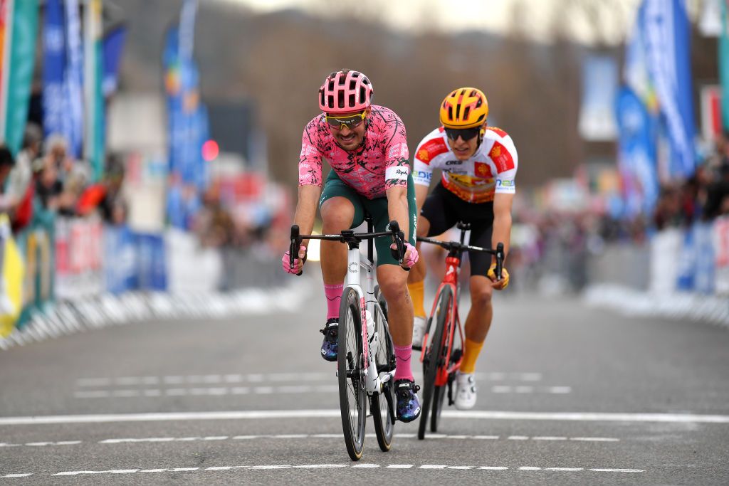 BESSGES FRANCE FEBRUARY 04 LR Alberto Bettiol of Italy and Team EF Education Easypost and Tobias Halland Johannessen of Norway and UNO X Pro Cycling Team White Best Young Rider Jersey reacts after cross the finishing line the 52nd toile De Bessges Tour Du Gard 2022 Stage 3 a 155km stage from Bessges to Bessges EtoiledeBesseges EDB2022 on February 04 2022 in Bessges France Photo by Luc ClaessenGetty Images
