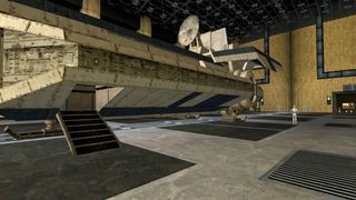 A droid walks away from a spaceship in a hangar bay