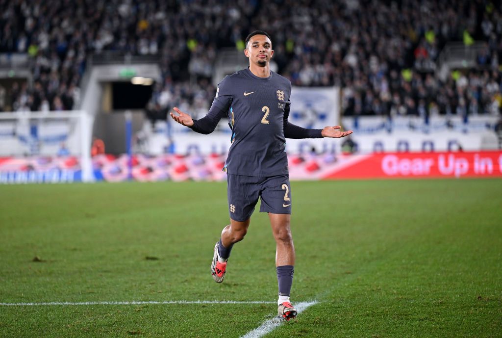 HELSINKI, FINLAND - OCTOBER 13: Trent Alexander-Arnold of England celebrates scoring his team&#039;s second goal during the UEFA Nations League 2024/25 League B Group B2 match between Finland and England at Helsinki Olympic Stadium on October 13, 2024 in Helsinki, Finland. (Photo by Michael Regan - The FA/The FA via Getty Images)