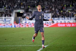 HELSINKI, FINLAND - OCTOBER 13: Trent Alexander-Arnold of England celebrates scoring his team's second goal during the UEFA Nations League 2024/25 League B Group B2 match between Finland and England at Helsinki Olympic Stadium on October 13, 2024 in Helsinki, Finland. (Photo by Michael Regan - The FA/The FA via Getty Images)