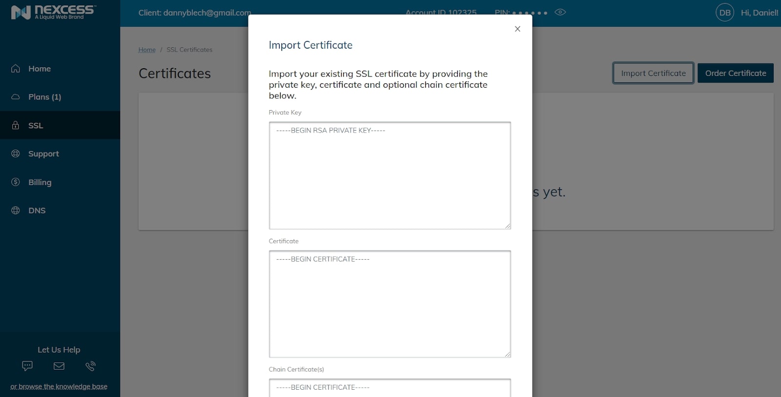 Liquid Web's option window for importing an SSL certificate