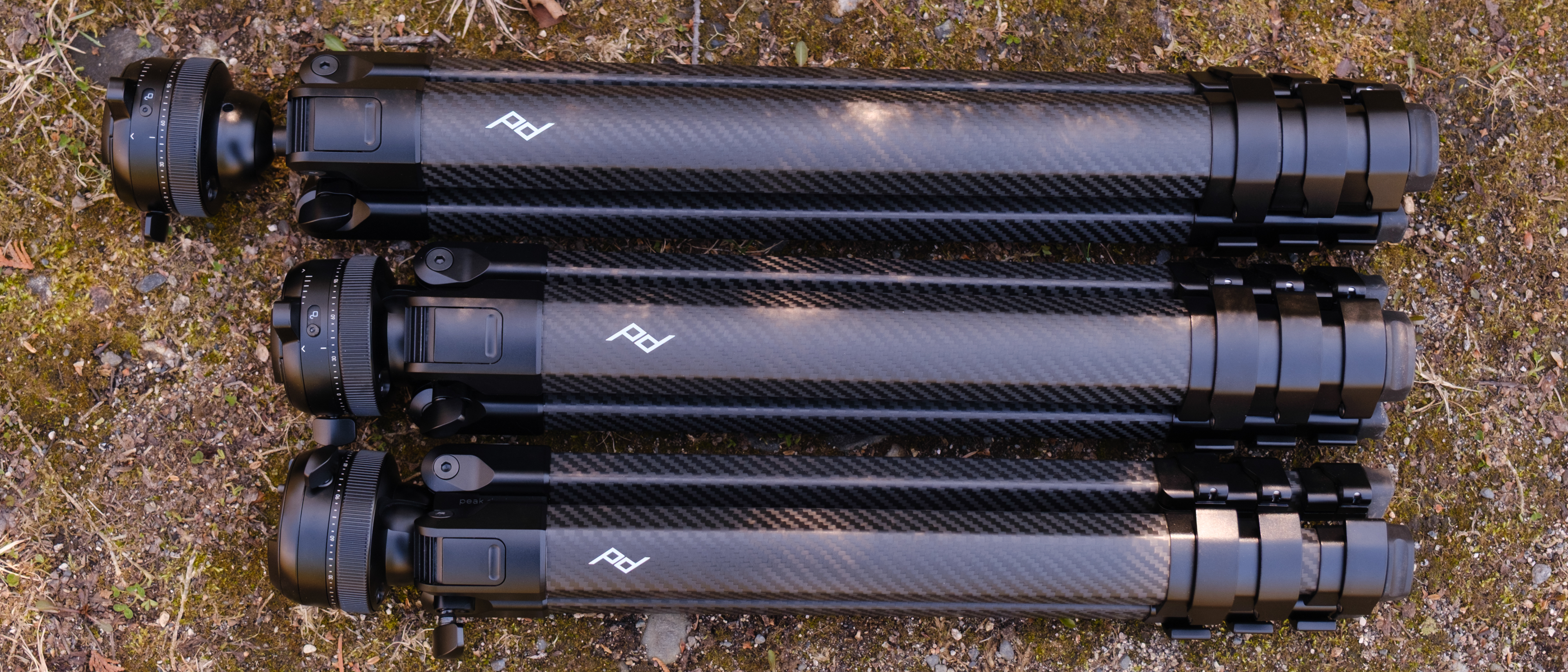 The Peak Design Pro tripod series folded in a row