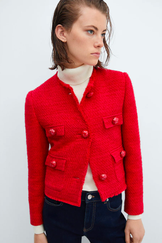 Red Color Trend 2023 | Mango Pocket Tweed Jacket