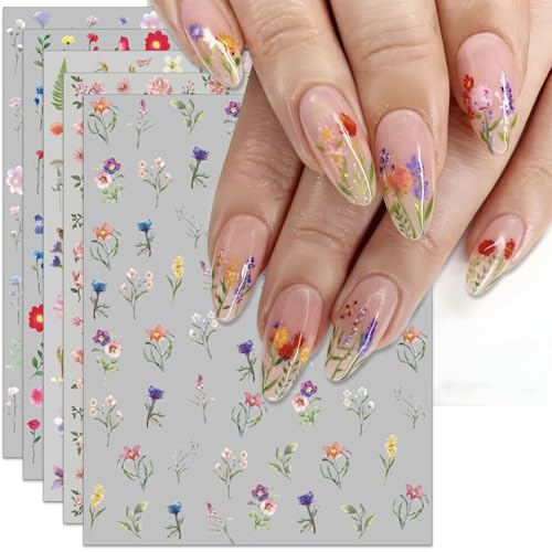 Iddfeve Flower Nail Art Stickers - Floral Leaf Self-Adhesive 3d Nail Decals for Diy Spring Summer Manicure (5 Sheets)