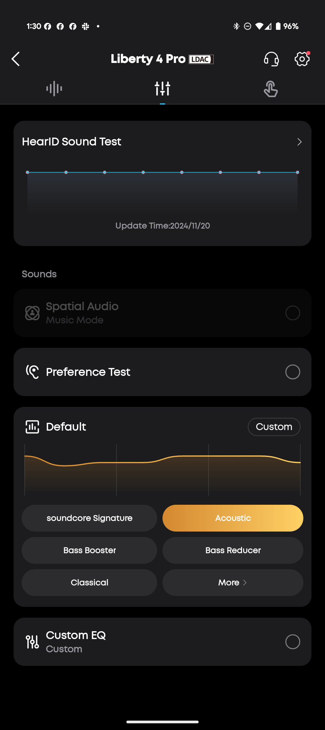 Anker Soundcore app showing various settings for the Liberty 4 Pro