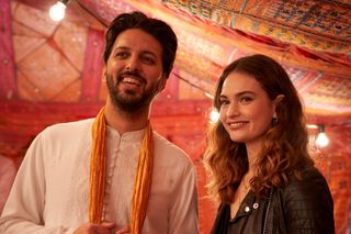 Lily James as Zoe and Shazad Latif as Kazim in What's Love Got To Do With It?
