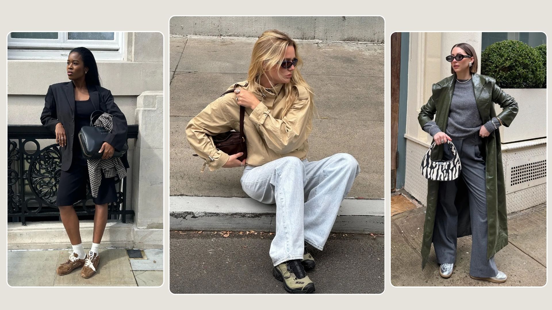 A selection of fashion content creators wear various autumn 2025 trainer trends