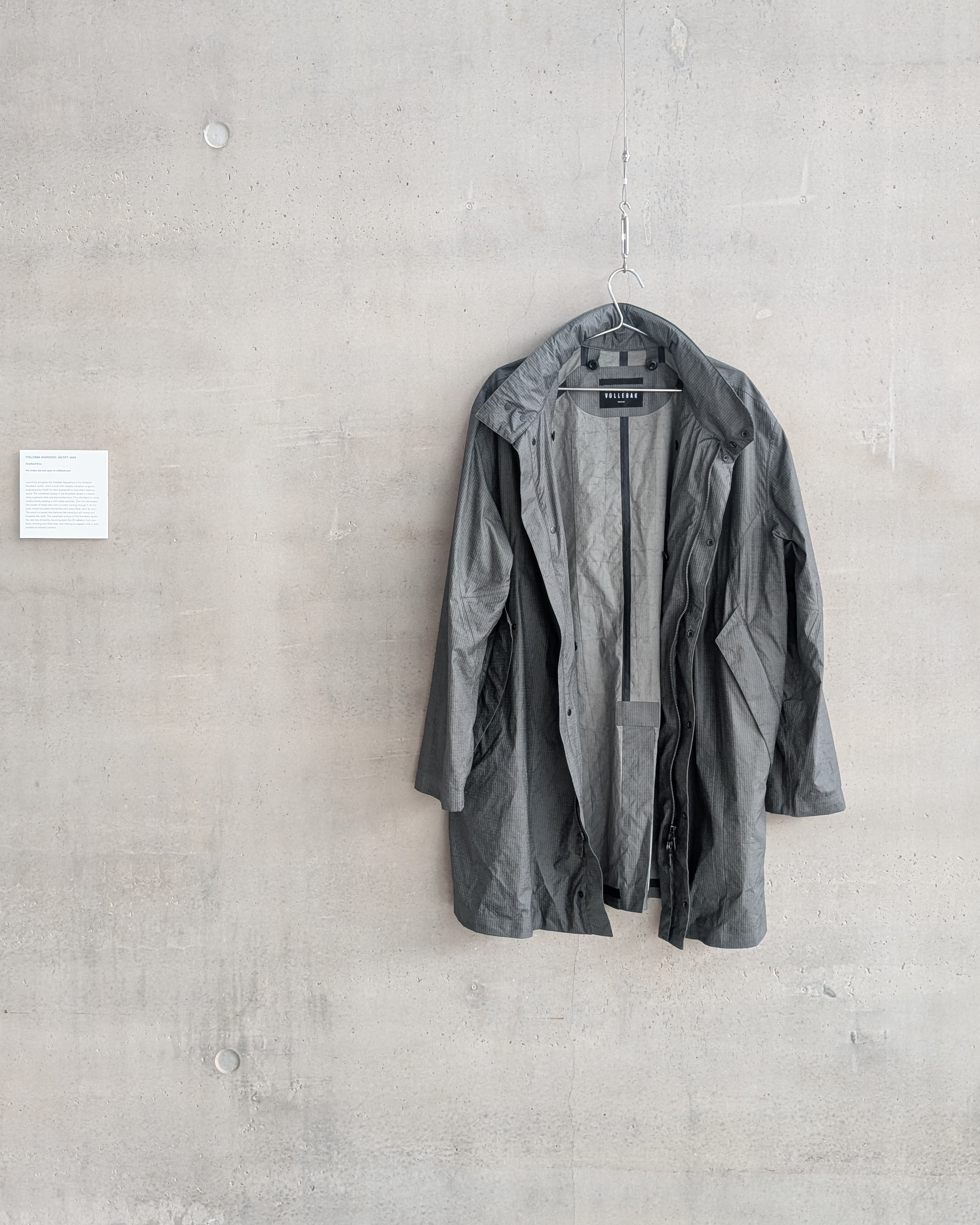 The Anodised Jacket in grey, on display at BIG HQ