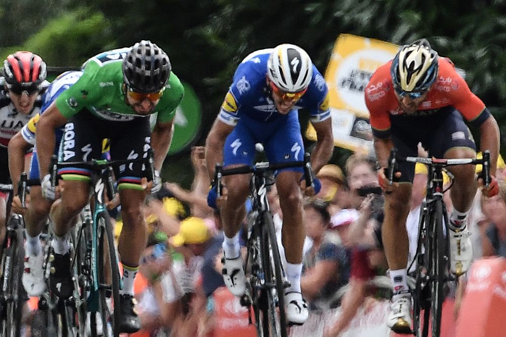 Peter Sagan wins the sprint to the line in Quimper, stage 5 at the Tour de France