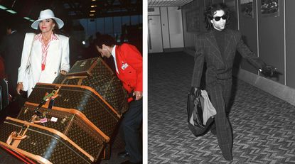 Left, joan Collins with Louis Vuitton cases and right, Prince in a suit and sunglasses