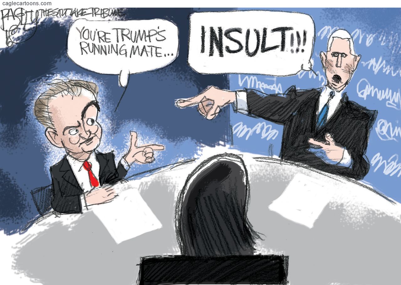 Political cartoon U.S. 2016 election Vice President debate insults