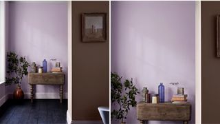 hallway with lavender painted walls and rustic console table with home accessories to demonstrate an on trend paint color idea for hallways
