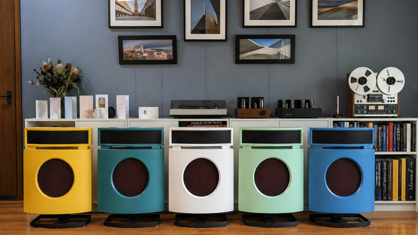 Trevor Lees restored B&amp;amp;W DM70 speakers in a range of colours.