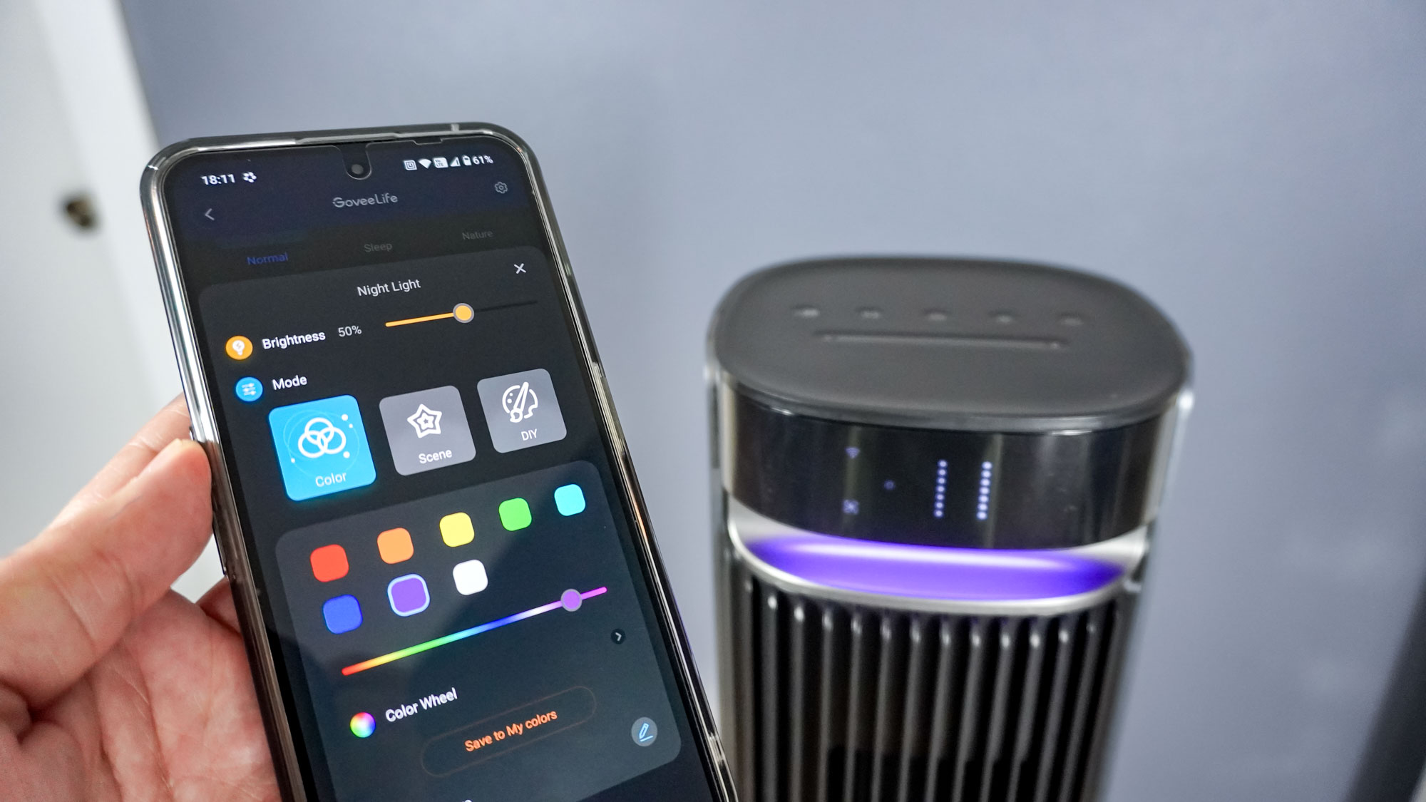 Using the Govee app to change the colors and scene on the Govee Smart Tower Fan 2 Max's night light