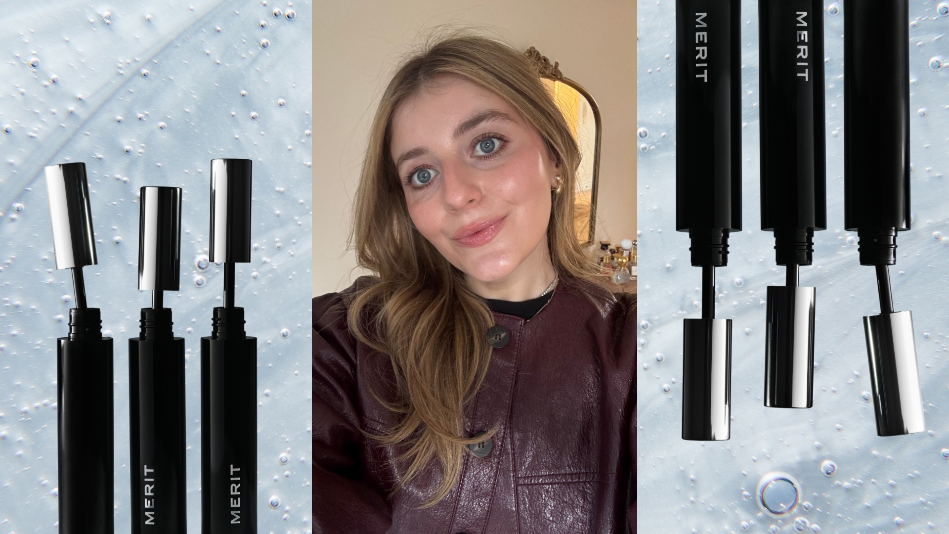 samantha holender on a blue background with three of merits new clean volume mascaras