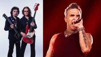 Tony Iommi and Glenn Hughes (studio portrait) plus Robbie Williams onstage