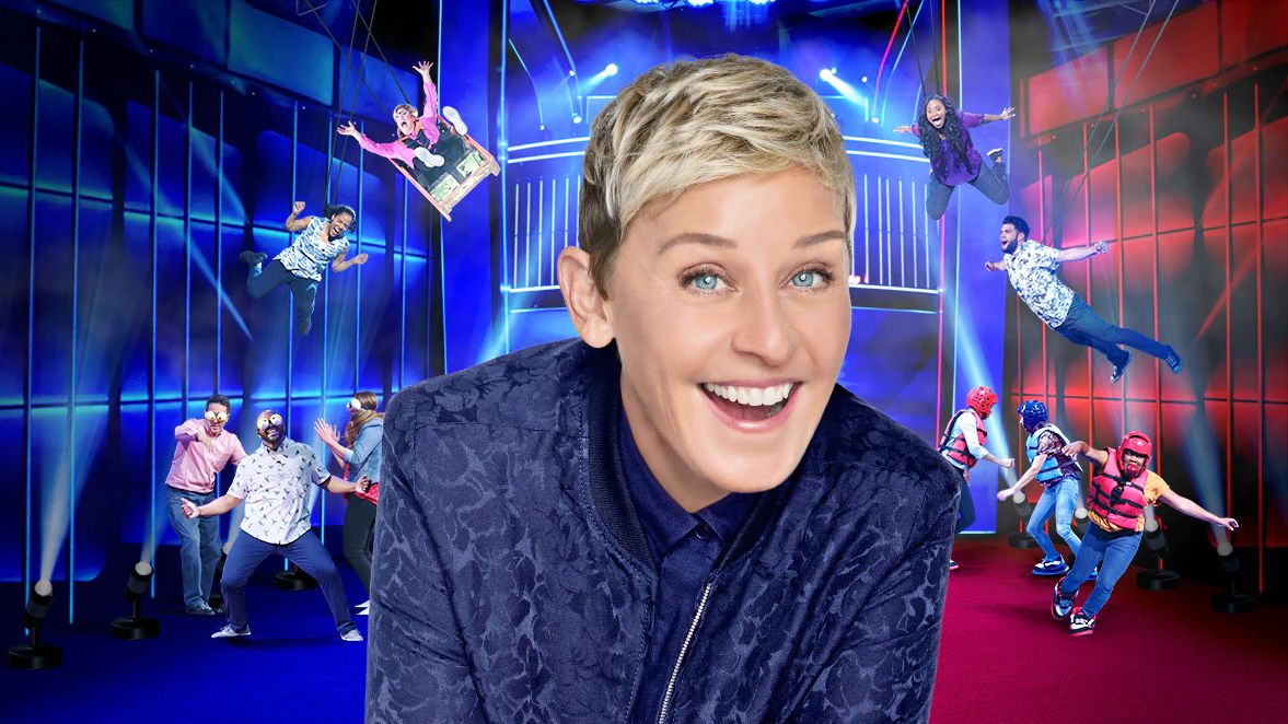 Ellen Degeneres with contestants performing physical activities in the background