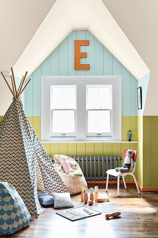 Kids room painted in Lower Wall: Pale Lime and Brighton by Little Greene