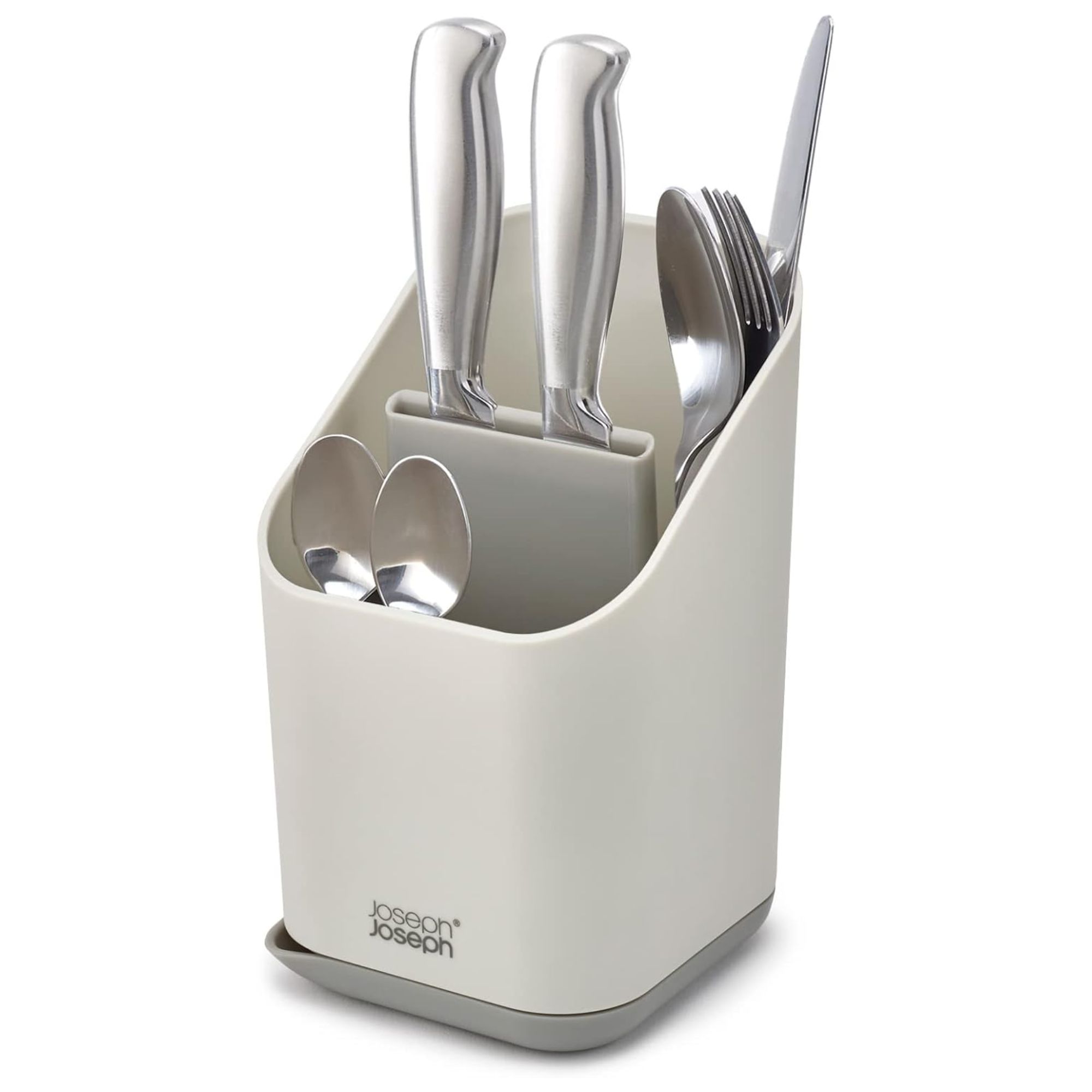 Joseph Joseph white cutlery draining pot filled with silver cutlery